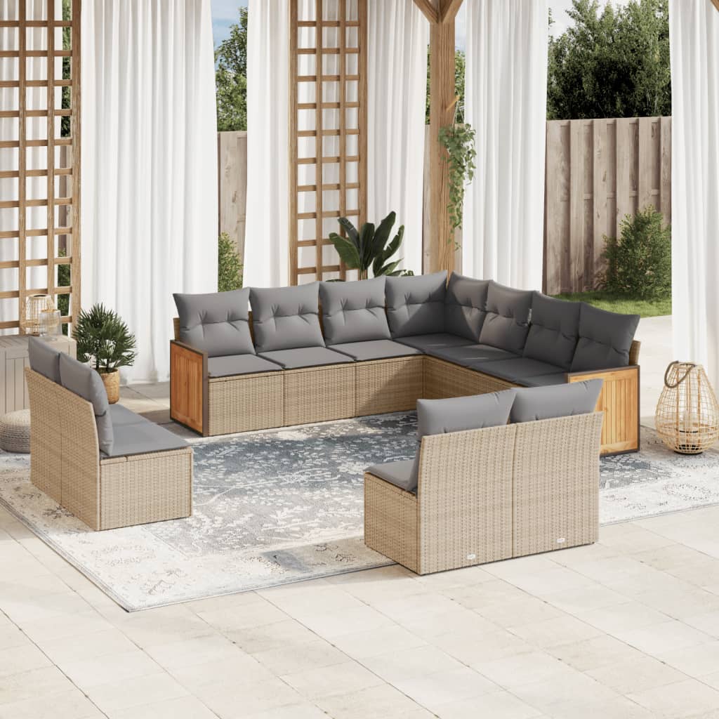 vidaXL 11-tlg. Garten-Sofagarnitur mit Kissen Beige Poly Rattan