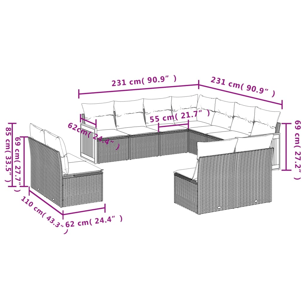 vidaXL 11-tlg. Garten-Sofagarnitur mit Kissen Beige Poly Rattan