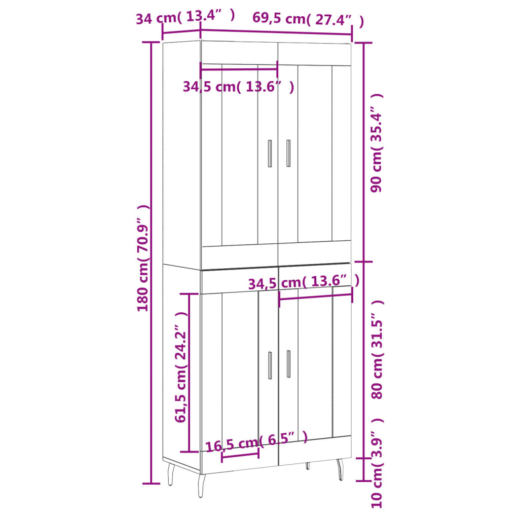 vidaXL Highboard Hochglanz-Weiß 69,5x34x180 cm Holzwerkstoff