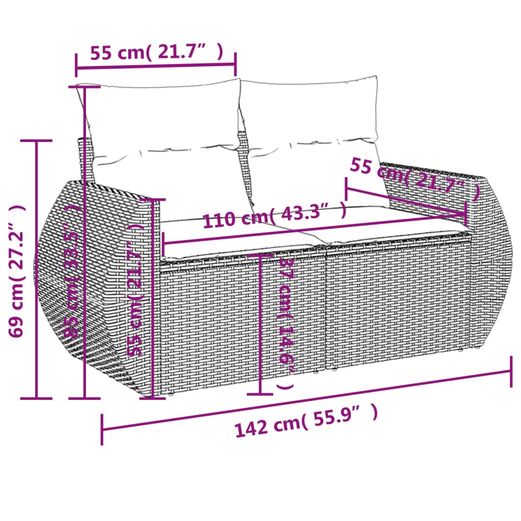 vidaXL 9-tlg. Garten-Sofagarnitur mit Kissen Hellgrau Poly Rattan