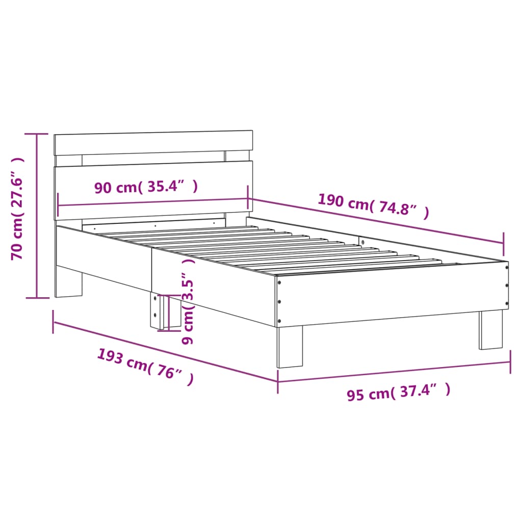 vidaXL Bettgestell ohne Matratze mit Kopfteil Sonoma-Eiche 90x190 cm