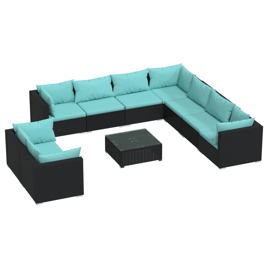 vidaXL 10-tlg. Garten-Lounge-Set mit Kissen Schwarz Poly Rattan