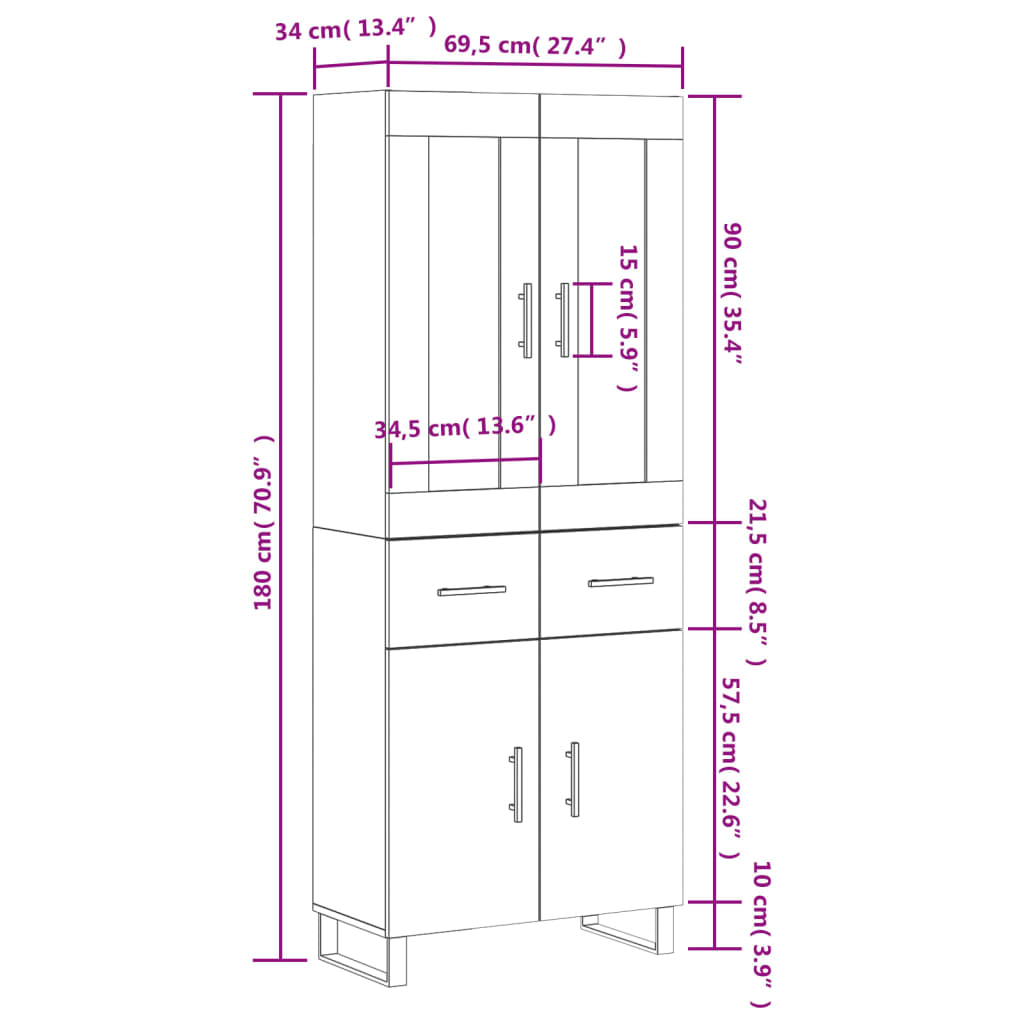 vidaXL Highboard Braun Eichen-Optik 69,5x34x180 cm Holzwerkstoff