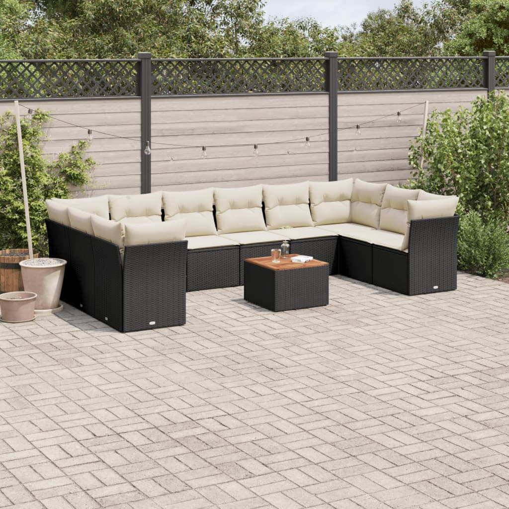 vidaXL 11-tlg. Garten-Sofagarnitur mit Kissen Schwarz Poly Rattan