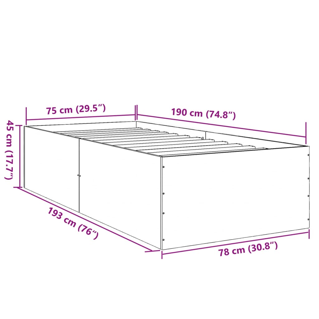 vidaXL Bettgestell Grau Sonoma 75x190 cm Holzwerkstoff