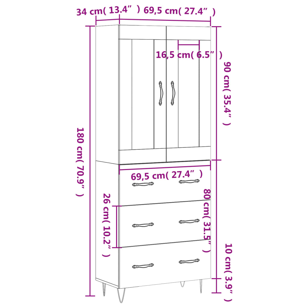 vidaXL Highboard Weiß 69,5x34x180 cm Holzwerkstoff