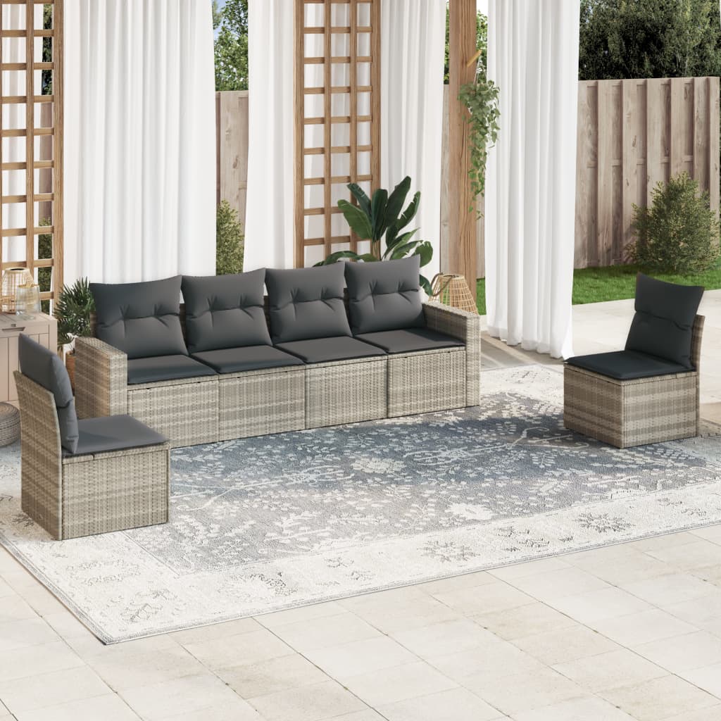 vidaXL 6-tlg. Garten-Sofagarnitur mit Kissen Hellgrau Poly Rattan