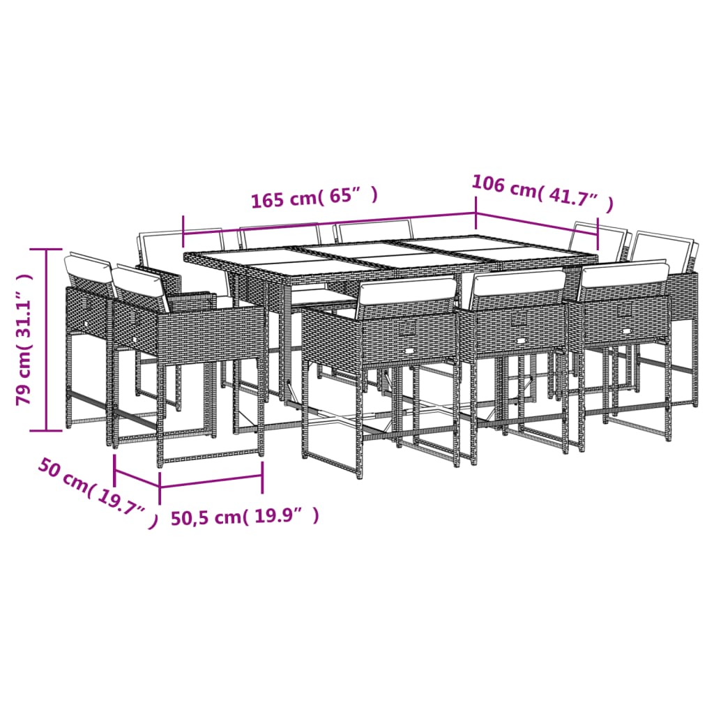 vidaXL 11-tlg. Garten-Essgruppe mit Kissen Beigemischung Poly Rattan