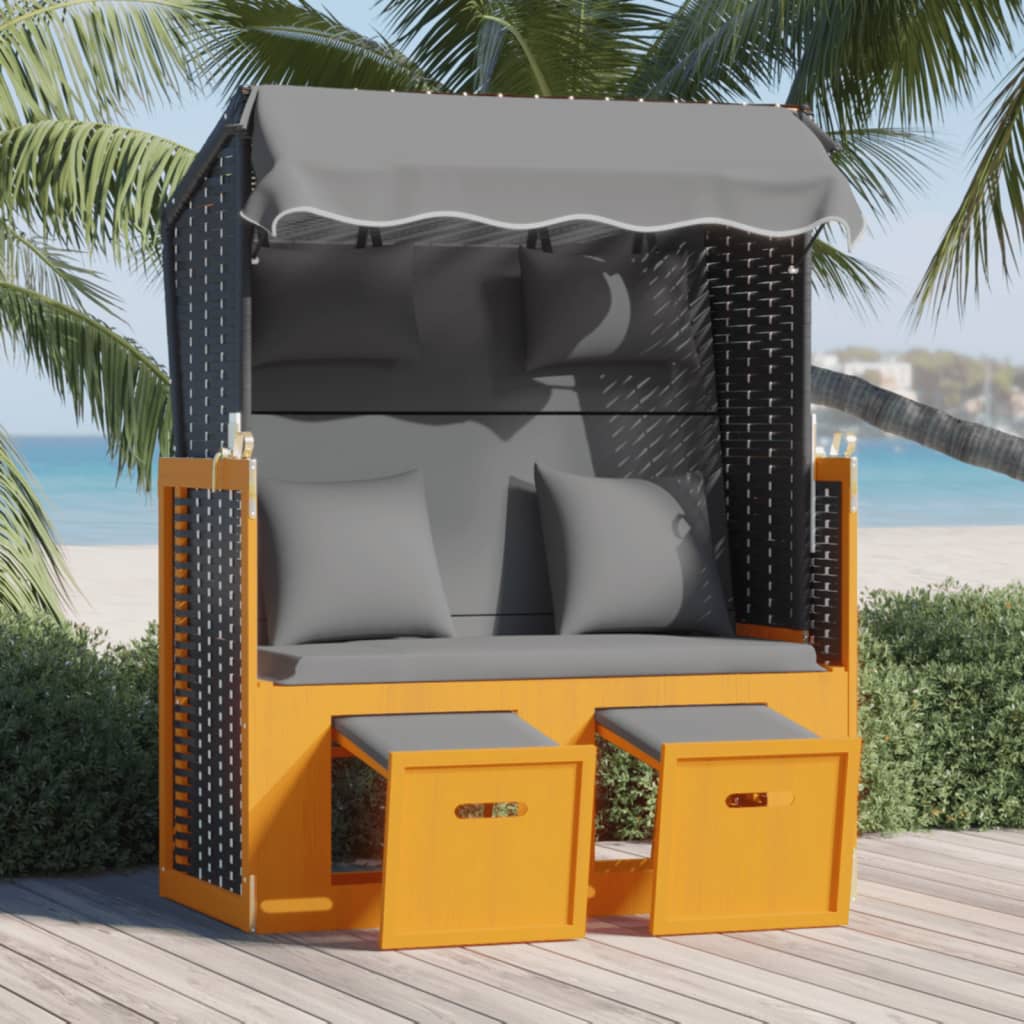 vidaXL Strandkorb mit Kissen Poly Rattan Massivholz Schwarz Anthrazit