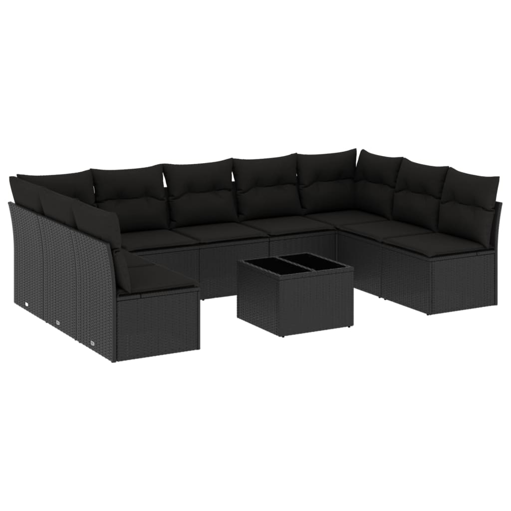 vidaXL 10-tlg. Garten-Sofagarnitur mit Kissen Schwarz Poly Rattan