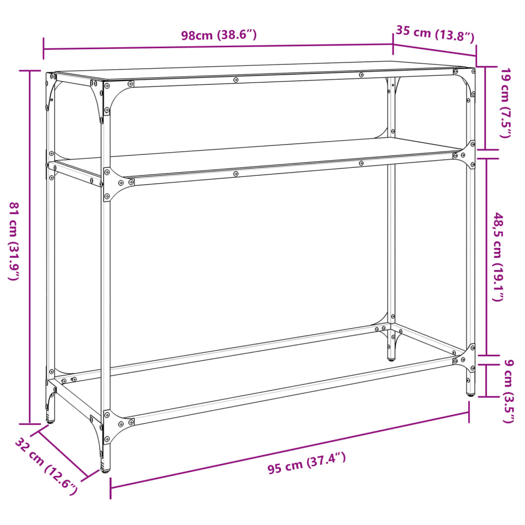 vidaXL Konsolentisch mit Glasplatte Transparent 98x35x81 cm Stahl