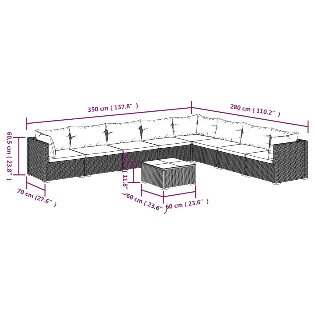 vidaXL 9-tlg. Garten-Lounge-Set mit Kissen Poly Rattan Braun