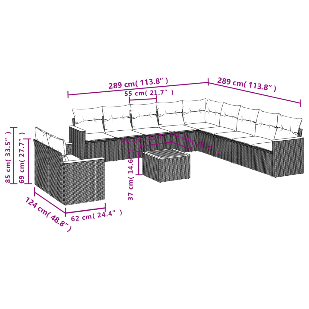 vidaXL 12-tlg. Garten-Sofagarnitur mit Kissen Schwarz Poly Rattan