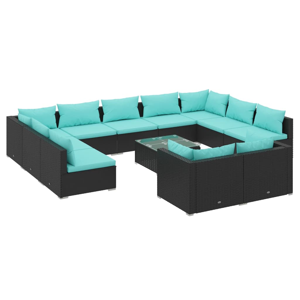 vidaXL 12-tlg. Garten-Lounge-Set mit Kissen Schwarz Poly Rattan