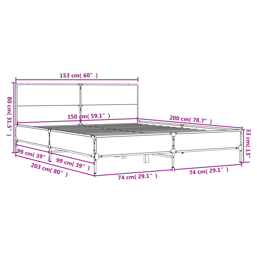 vidaXL Bettgestell Räuchereiche 150x200 cm Holzwerkstoff und Metall