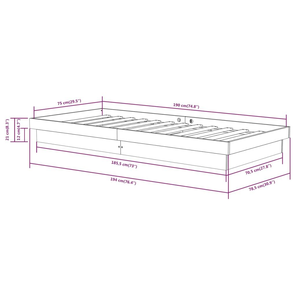 vidaXL Massivholzbett 75x190 cm