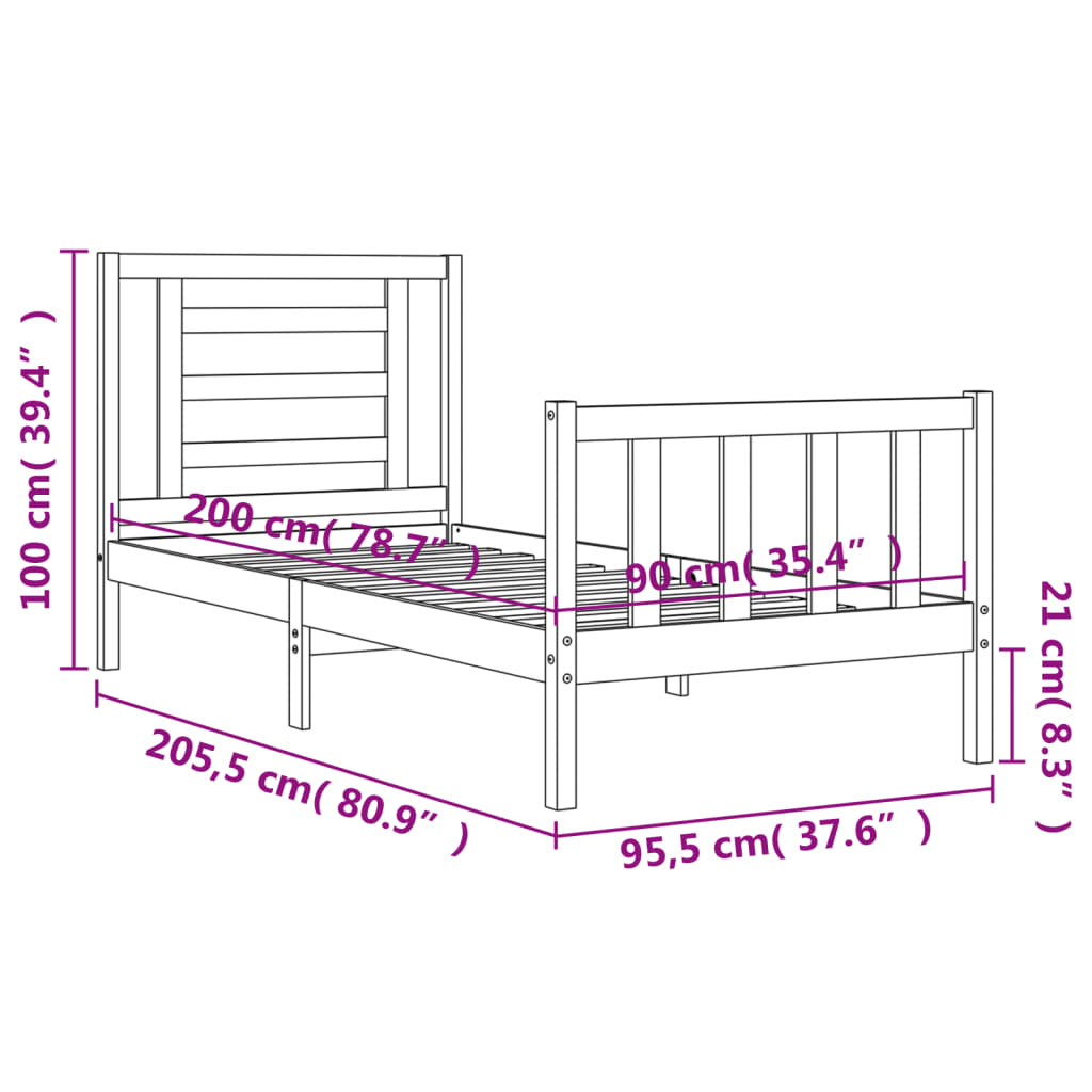 vidaXL Massivholzbett mit Kopfteil Schwarz 90x200 cm