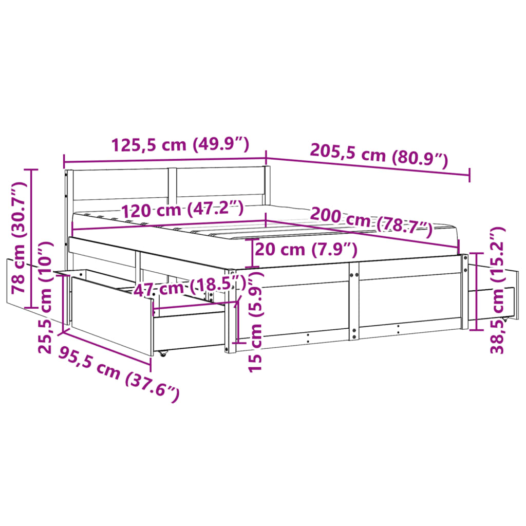 vidaXL Bett mit Schubladen und Matratze 120x200 cm Massivholz Kiefer