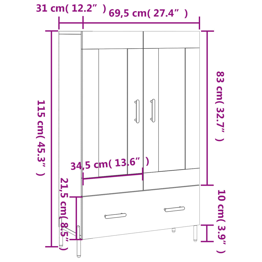 vidaXL Highboard Braun Eichen-Optik 69,5x31x115 cm Holzwerkstoff