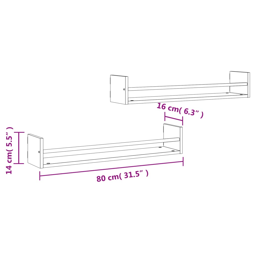 vidaXL Wandregale mit Stangen 2 Stk. Sonoma-Eiche 80x16x14 cm