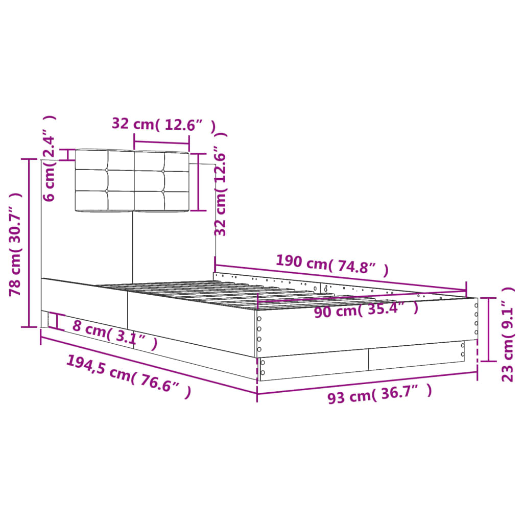 vidaXL Bettgestell mit Kopfteil Räuchereiche 90x190 cm Holzwerkstoff