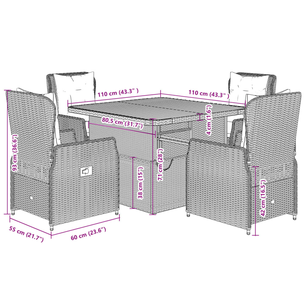 vidaXL 5-tlg. Garten-Essgruppe mit Kissen Schwarz Poly Rattan