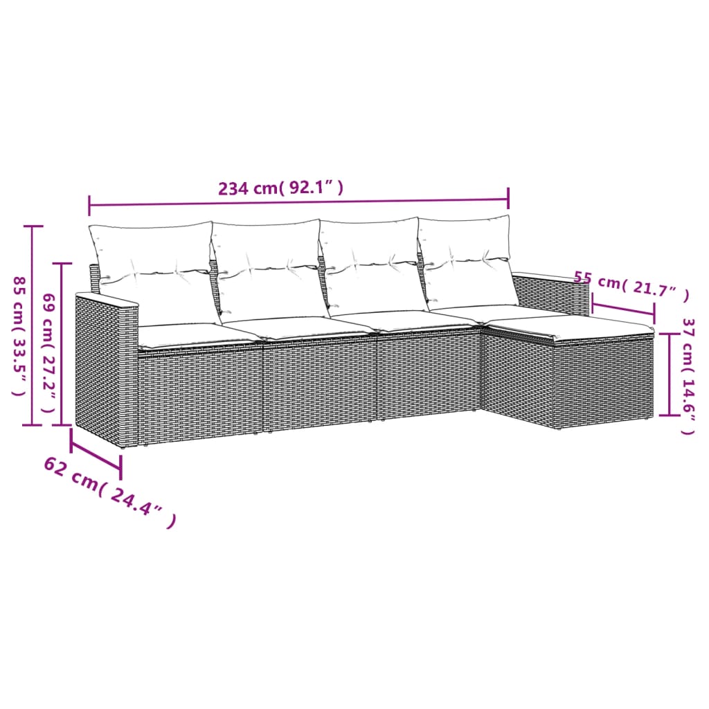 vidaXL 5-tlg. Garten-Sofagarnitur mit Kissen Grau Poly Rattan