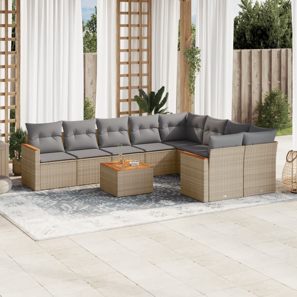 vidaXL 10-tlg. Garten-Sofagarnitur mit Kissen Beige Poly Rattan