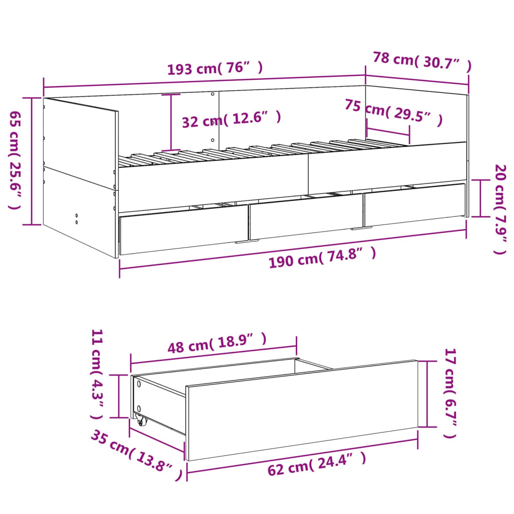 vidaXL Tagesbett mit Schubladen ohne Matratze Sonoma-Eiche 75x190 cm