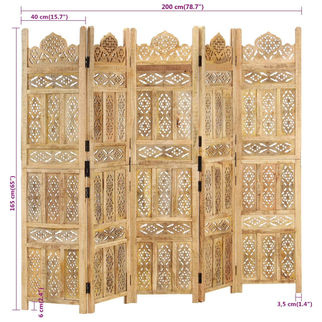 vidaXL 5-tlg. Raumteiler Handgeschnitzt 200×165 cm Mango Massivholz