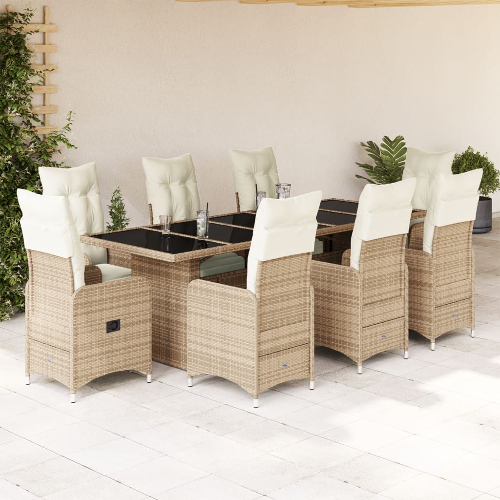 vidaXL 9-tlg. Garten-Bistro-Set mit Kissen Beige Poly Rattan