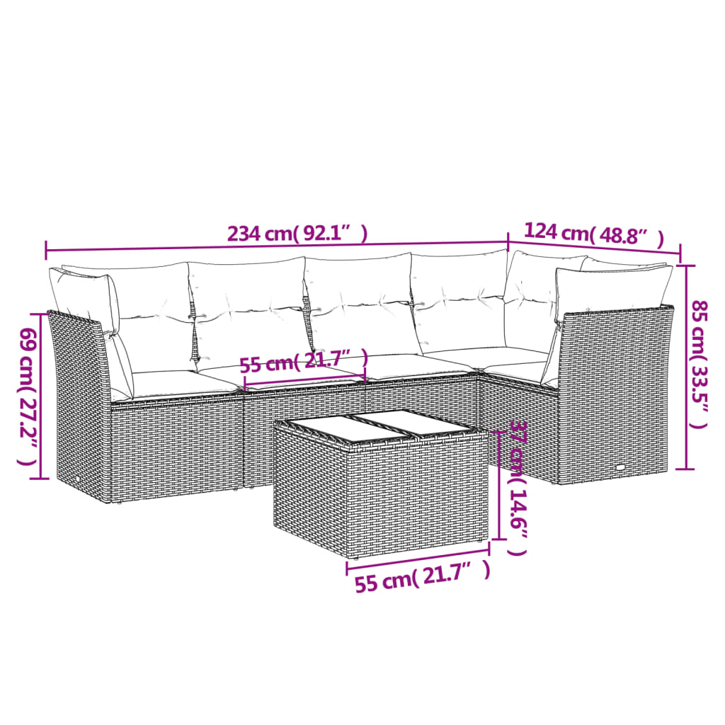 vidaXL 6-tlg. Garten-Sofagarnitur mit Kissen Beige Poly Rattan