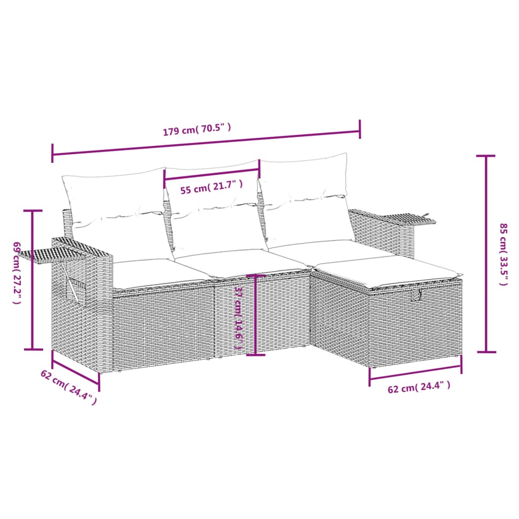 vidaXL 4-tlg. Garten-Sofagarnitur mit Kissen Schwarz Poly Rattan