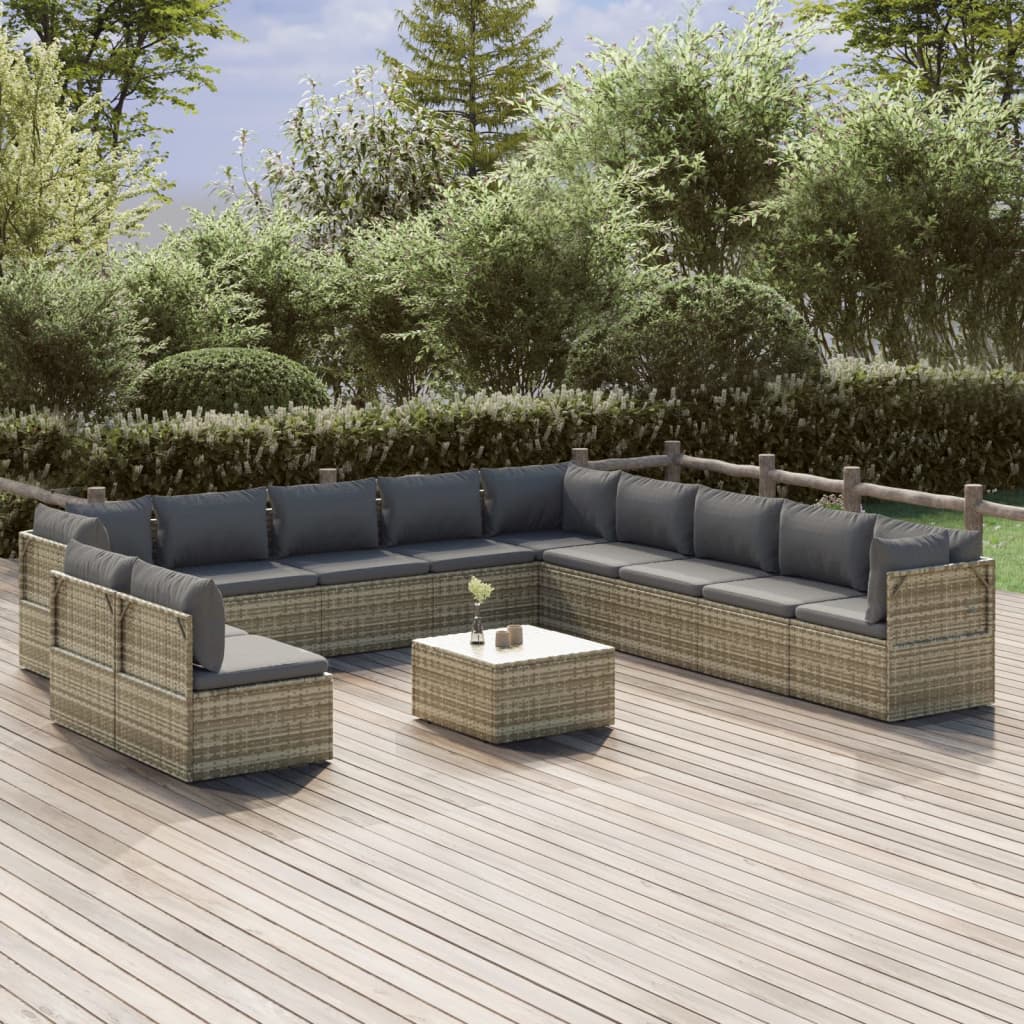 vidaXL 12-tlg. Garten-Lounge-Set mit Kissen Grau Poly Rattan