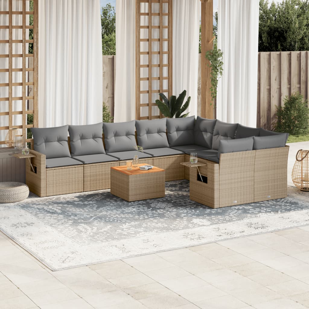 vidaXL 10-tlg. Garten-Sofagarnitur mit Kissen Beige Poly Rattan