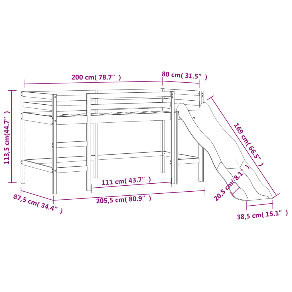 vidaXL Kinderhochbett mit Tunnel Blau 80x200 cm Massivholz Kiefer