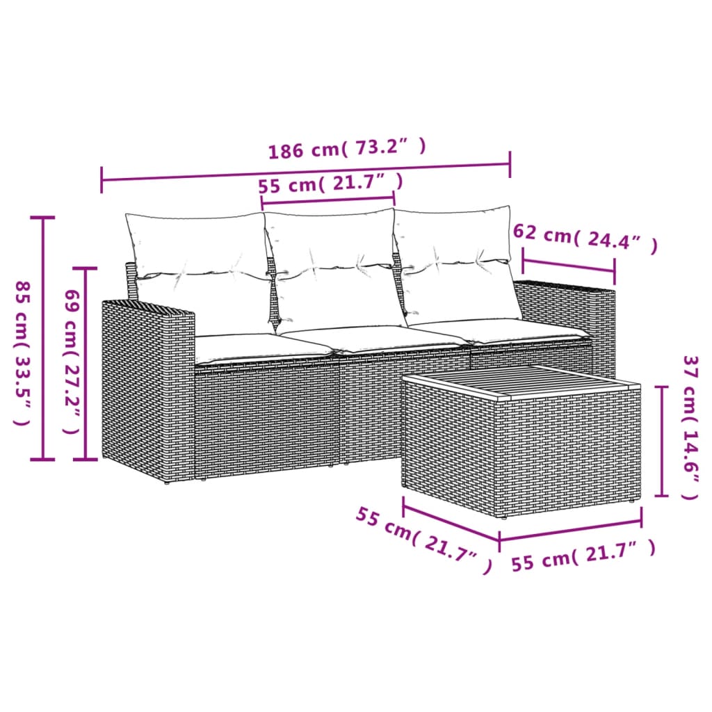 vidaXL 4-tlg. Garten-Sofagarnitur mit Kissen Schwarz Poly Rattan