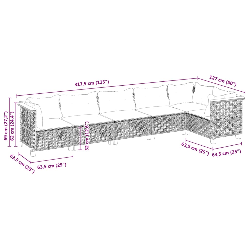 vidaXL 6-tlg. Garten-Sofagarnitur mit Kissen Schwarz Poly Rattan