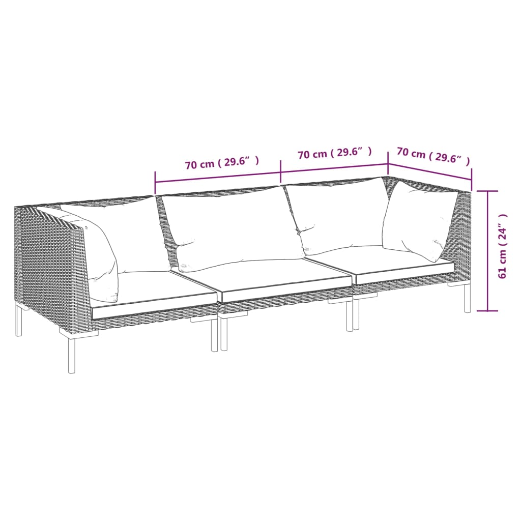 vidaXL 3-tlg. Garten-Lounge-Set mit Kissen Poly Rattan Dunkelgrau