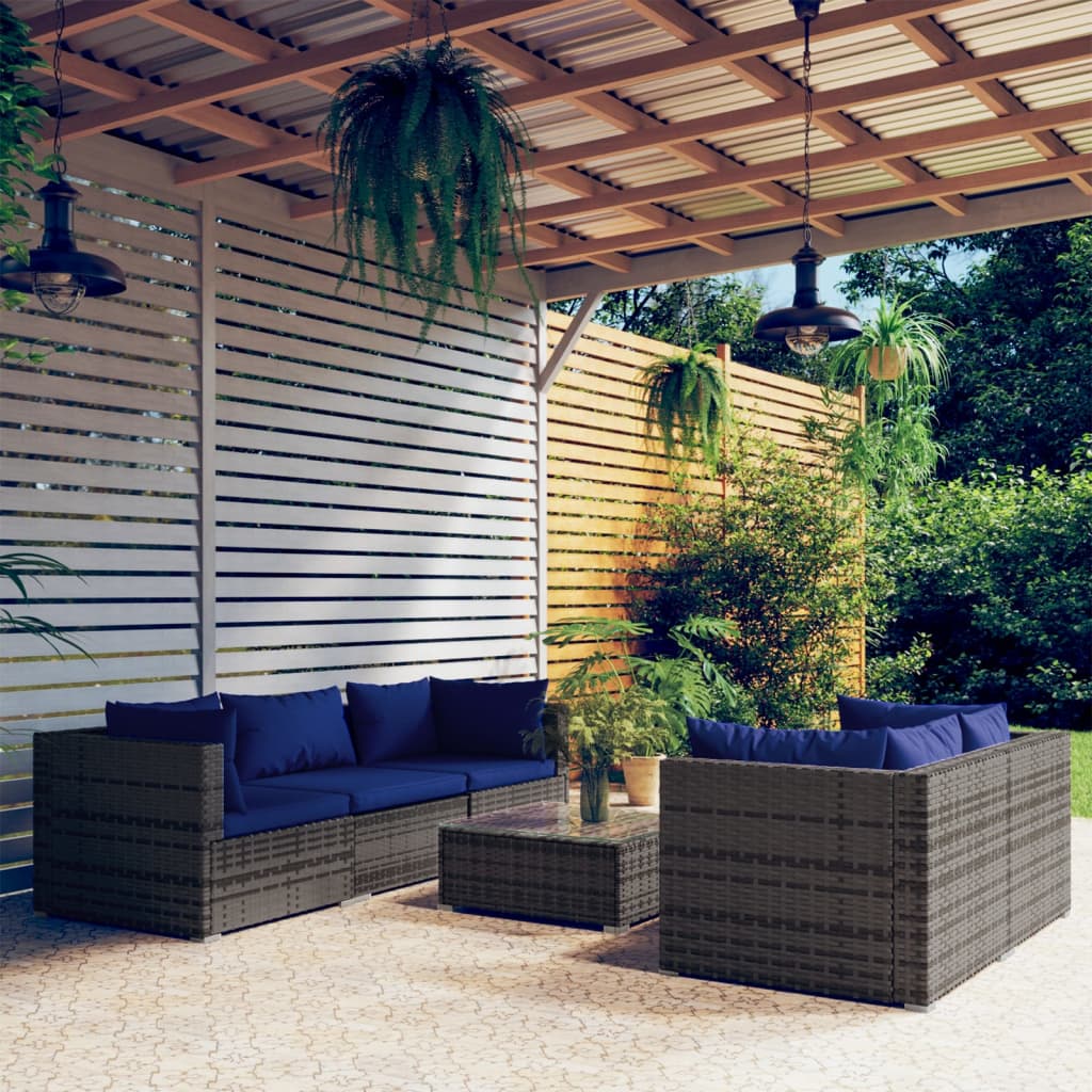 vidaXL 6-tlg. Garten-Lounge-Set mit Kissen Poly Rattan Grau