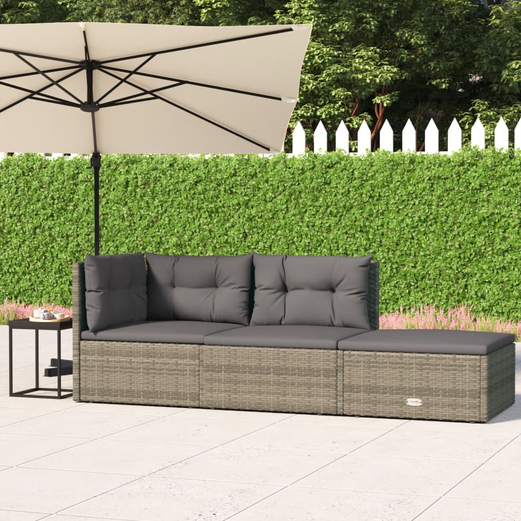 vidaXL 3-tlg. Garten-Lounge-Set mit Kissen Grau Poly Rattan