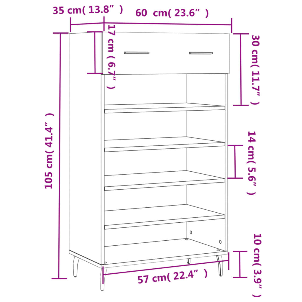 vidaXL Schuhschrank Hochglanz-Weiß 60x35x105 cm Holzwerkstoff