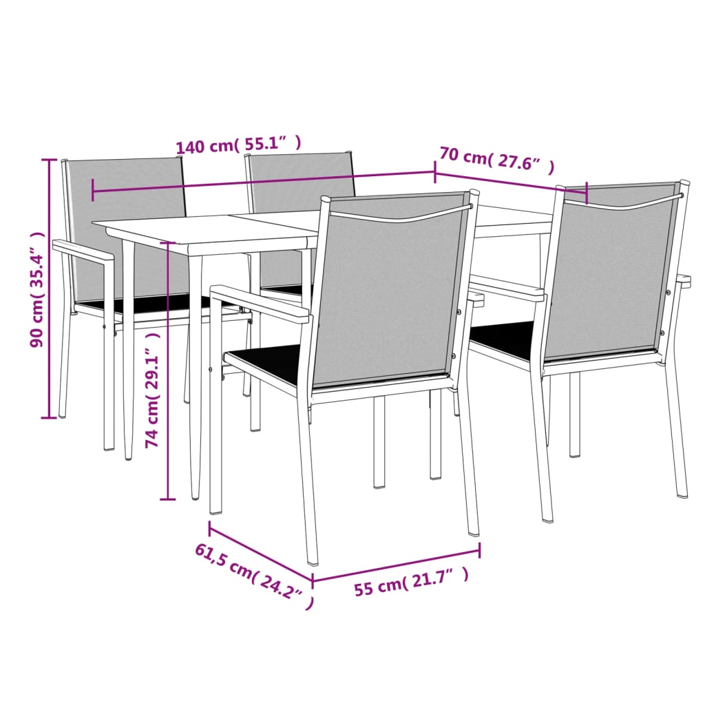 vidaXL 5-tlg. Garten-Essgruppe Schwarz Textilene und Stahl