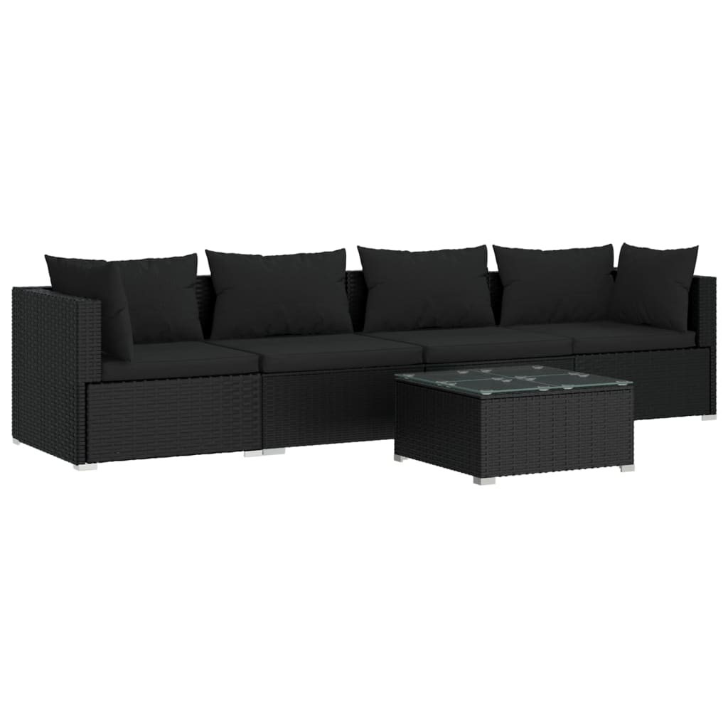 vidaXL 5-tlg. Garten-Lounge-Set mit Kissen Poly Rattan Schwarz