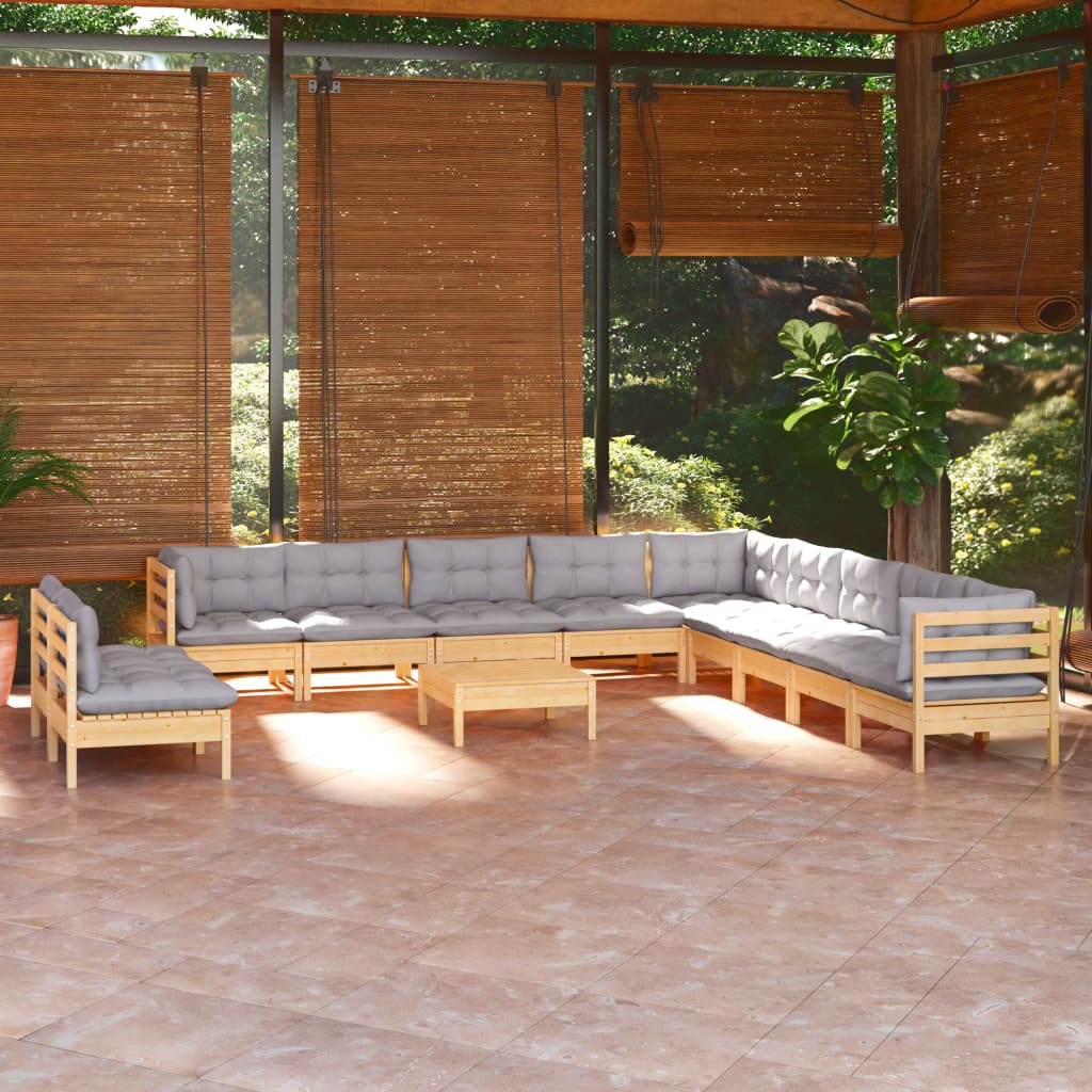 vidaXL 12-tlg. Garten-Lounge-Set mit Grauen Kissen Massivholz Kiefer