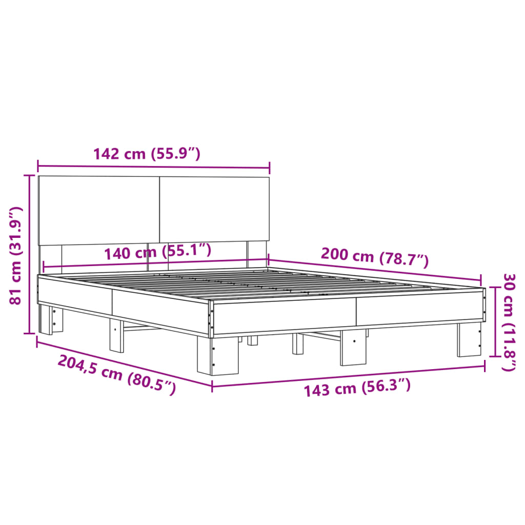 vidaXL Bettgestell Sonoma-Eiche 140x200 cm Holzwerkstoff und Metall