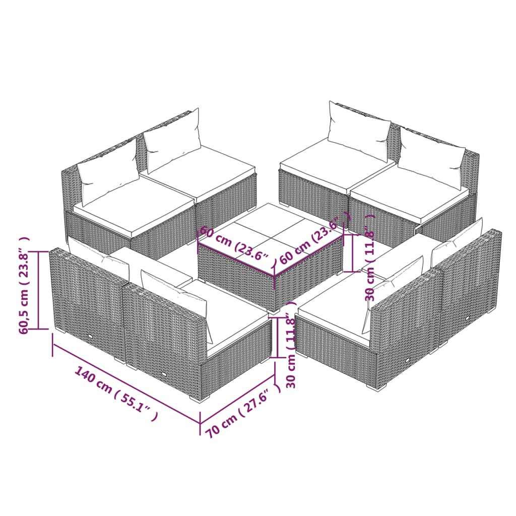 vidaXL 9-tlg. Garten-Lounge-Set mit Kissen Poly Rattan Schwarz