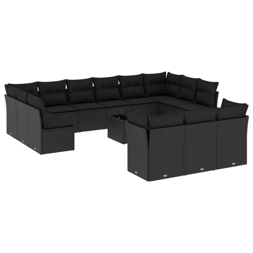 vidaXL 14-tlg. Garten-Sofagarnitur mit Kissen Schwarz Poly Rattan