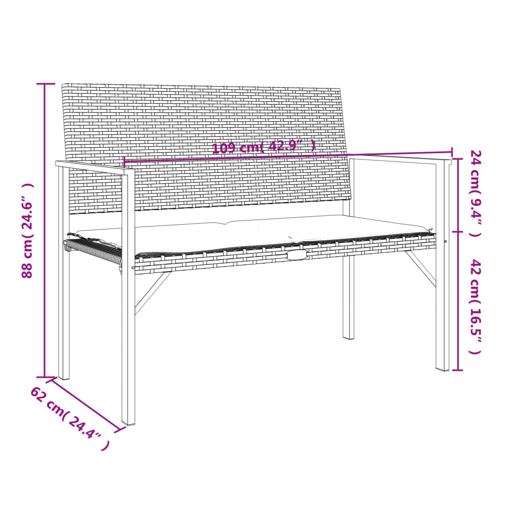 vidaXL Gartenbank 2-Sitzer mit Kissen Schwarz Poly Rattan