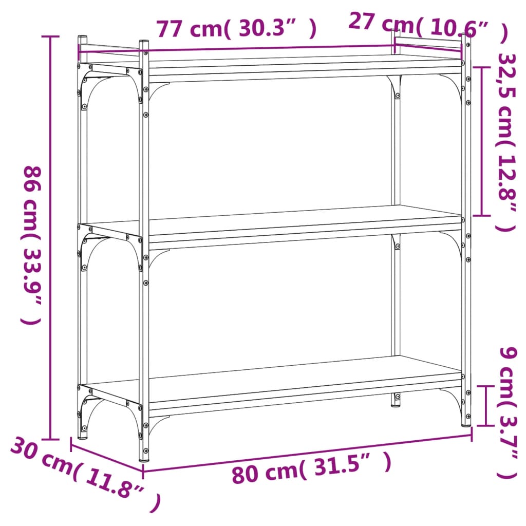 vidaXL Bücherregal 3 Böden Räuchereiche 80x30x86 cm Holzwerkstoff